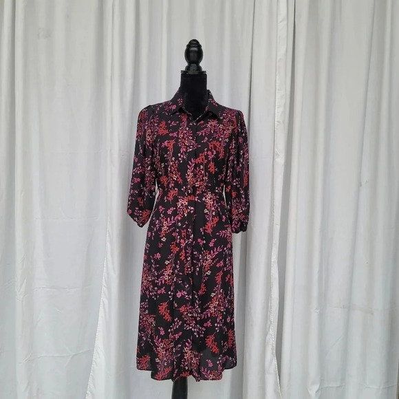 Nanette Lepore Black Pink Red Floral Long Sleeve Button Up Shirt Dress  Sz 6 - Picture 1 of 12
